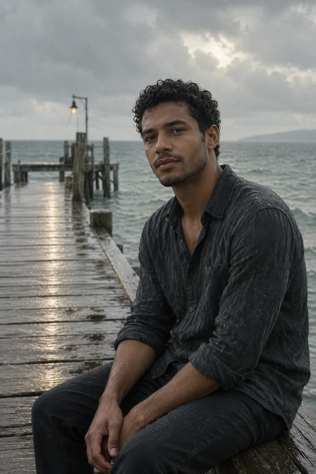 A man on a rain-washed pier beside a silver sea