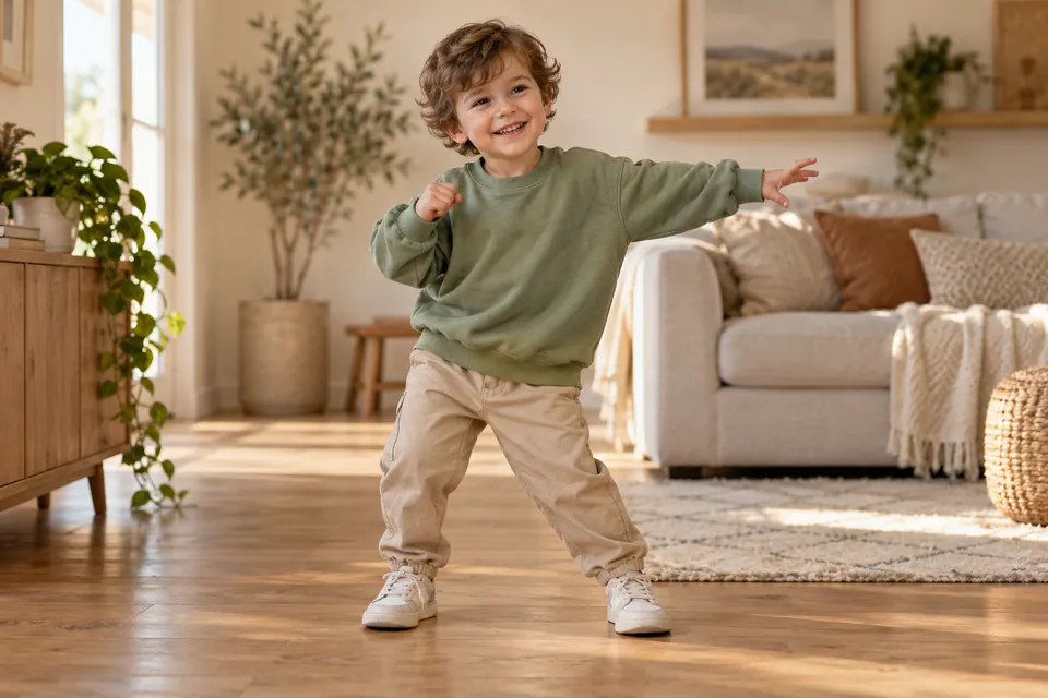 A toddler in a playful dance pose in a sunlit room