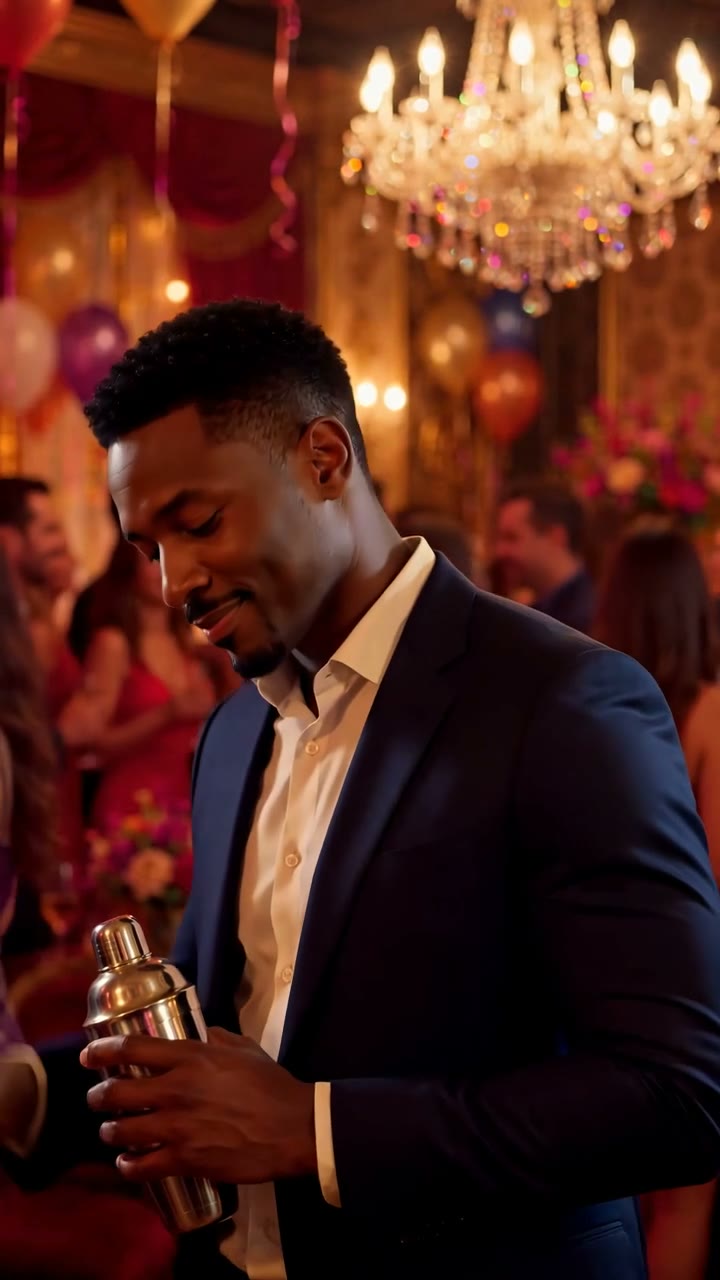 An original fictional adult party guest with a silver shaker under a chandelier