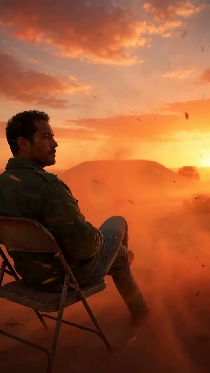 a seated adult in the desert with an airborne off-road vehicle overhead