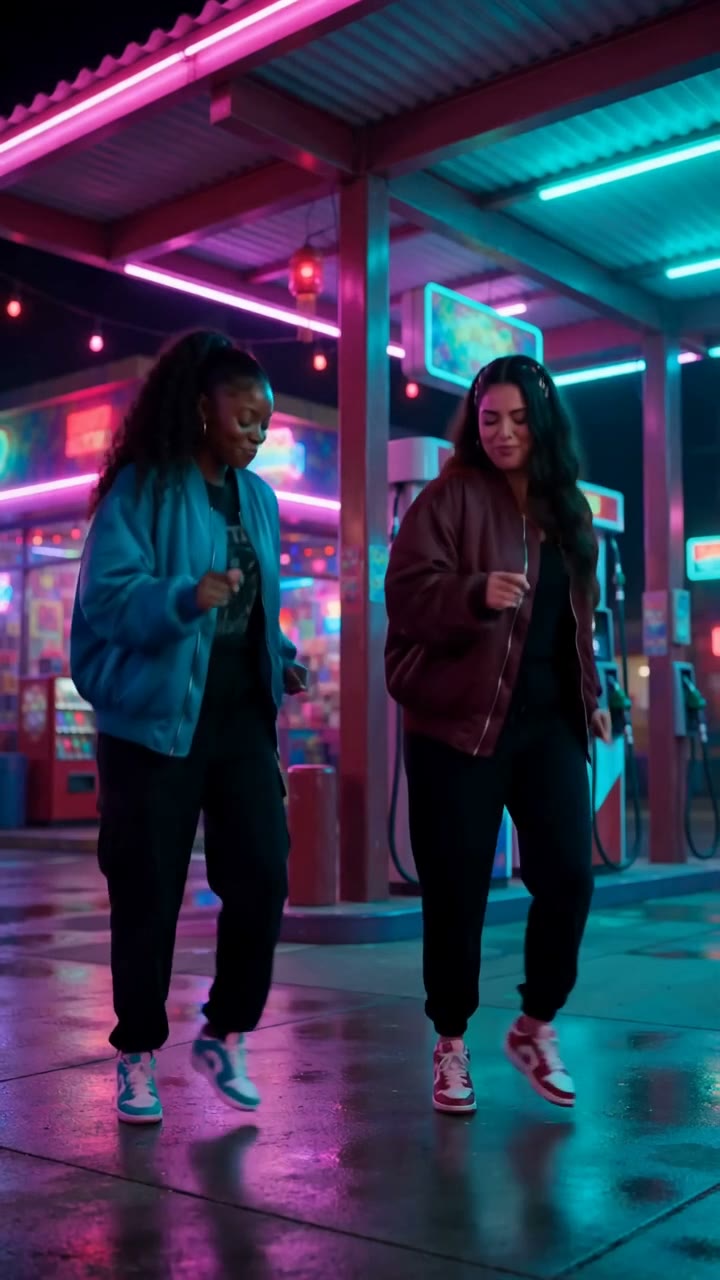 Two adult photos become a 15-second original dance duet under neon canopy lights, with a bouncy club beat.