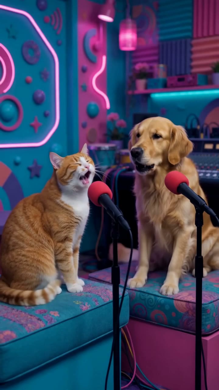 Gatto e cane si alternano con una melodia originale in un duetto di 15 secondi.
