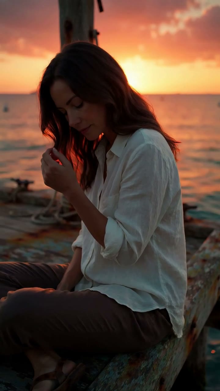 A woman on a wooden pier in warm golden-hour light