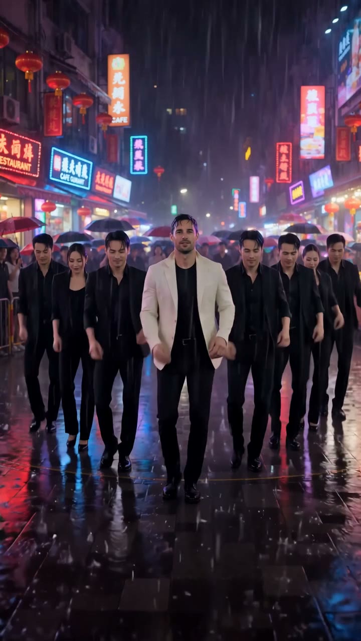 a still person surrounded by synchronized dancers in black suits