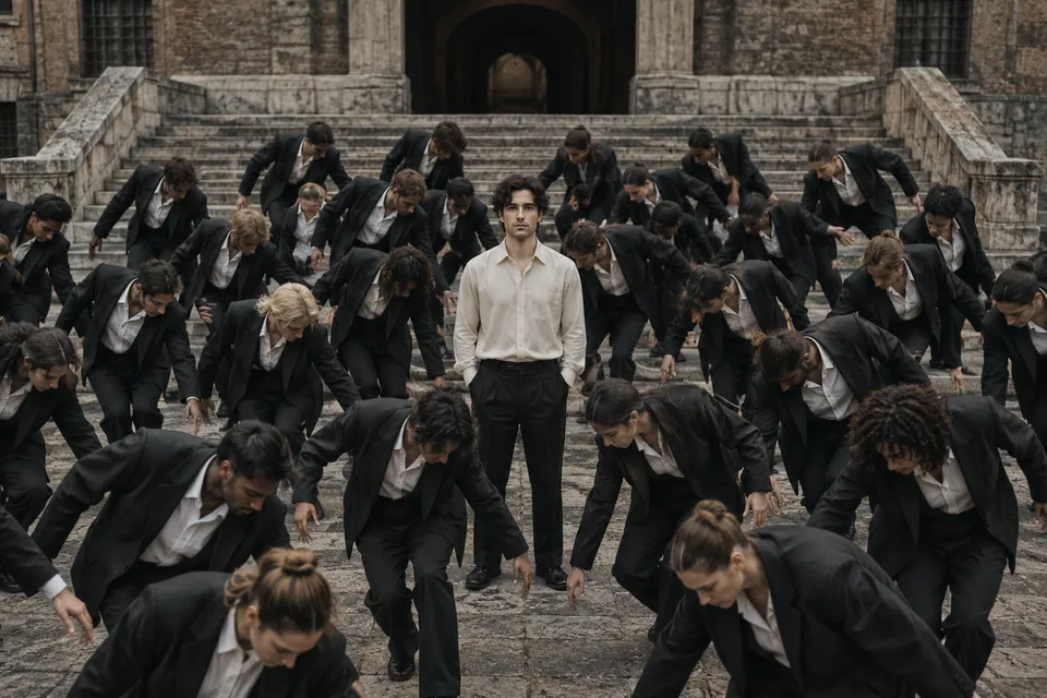 a still person surrounded by synchronized dancers in black suits