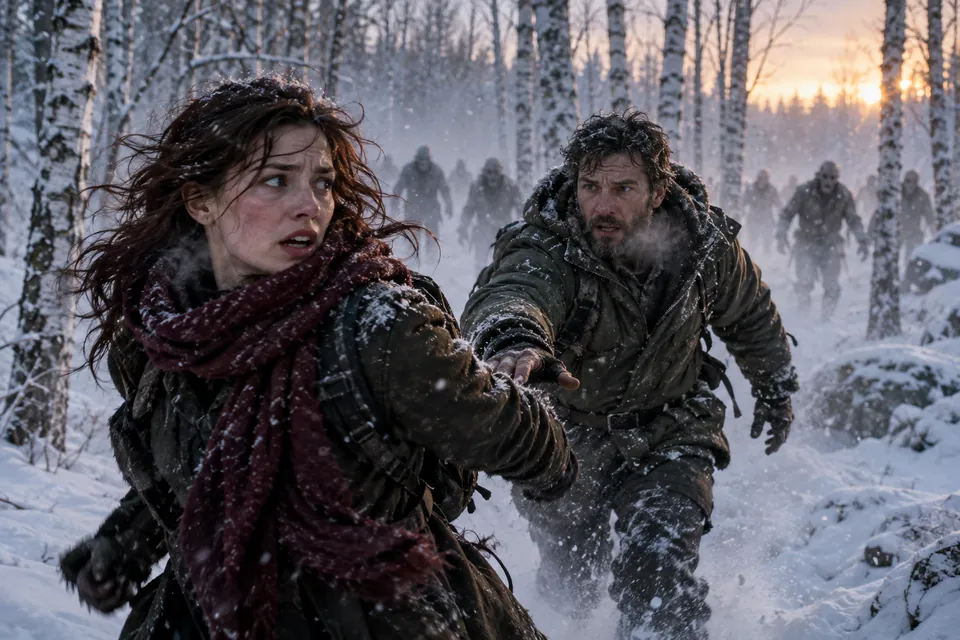 two adults escaping through a snowy forest with distant zombie silhouettes